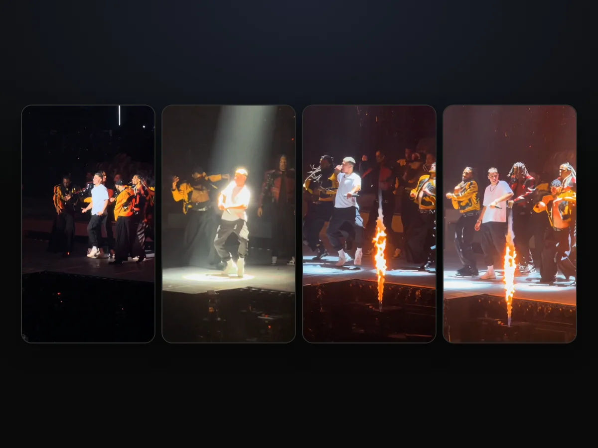 Four moments from one Talk Dirty dance AI video: walking out among the dancers, the crouch under the white spotlight, the dance break beside a flame column and the closing squats as the flames fire