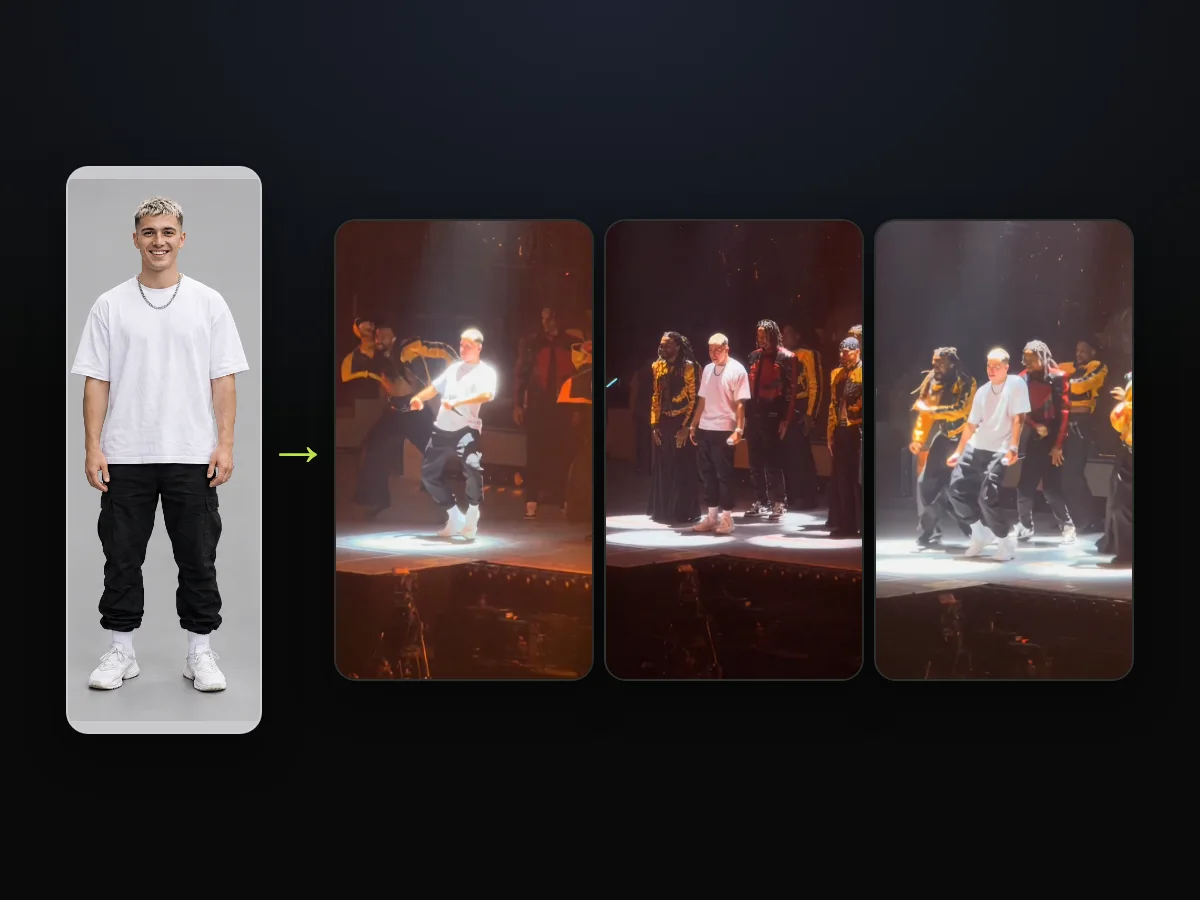 One full-length photo of a young man in a white T-shirt, black cargo trousers and white sneakers, then three moments of his Talk Dirty dance AI video with the same face, hair and outfit on the concert stage