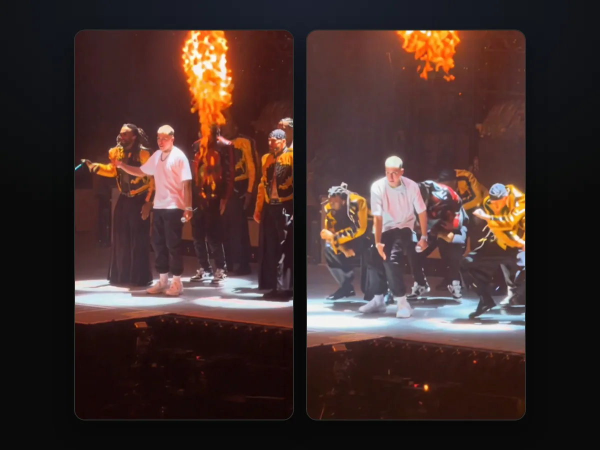 Two moments from a Talk Dirty dance AI video where only the lead changes: the varsity-jacket dancers stand in a row as a flame bursts behind them, then the whole crew drops into a deep squat