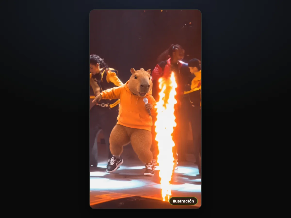 Ilustración de un capibara de caricatura con sudadera naranja que baila en un escenario de concierto junto a una columna de fuego, con un micrófono