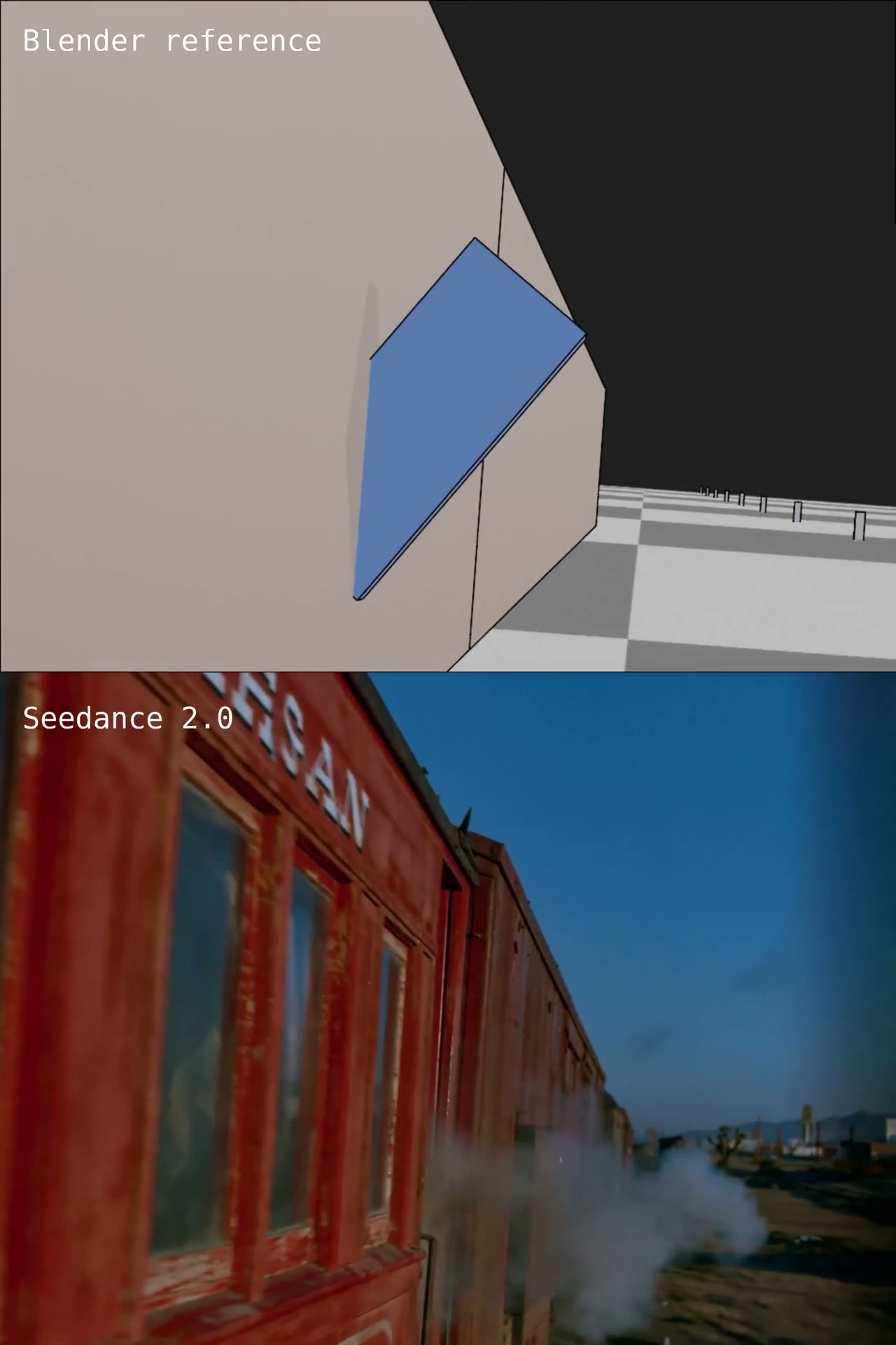 Camera bolted to a moving train, choreographed in Blender first