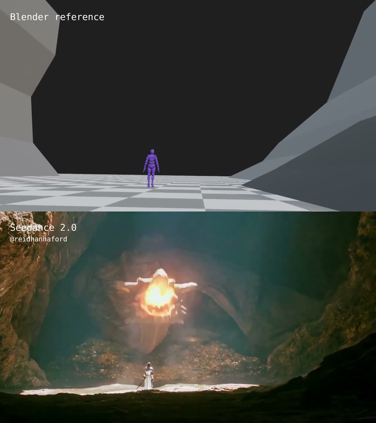 Knight and dragon, camera path taken from a grey blockout