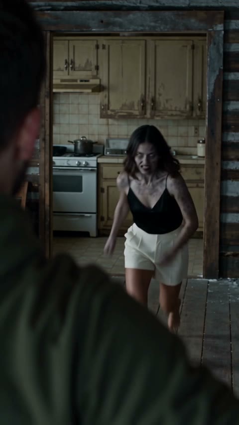 Zombie love story lunge: the lightly infected partner sprints across an abandoned kitchen at the man, her face still recognisable, a moment before the cut