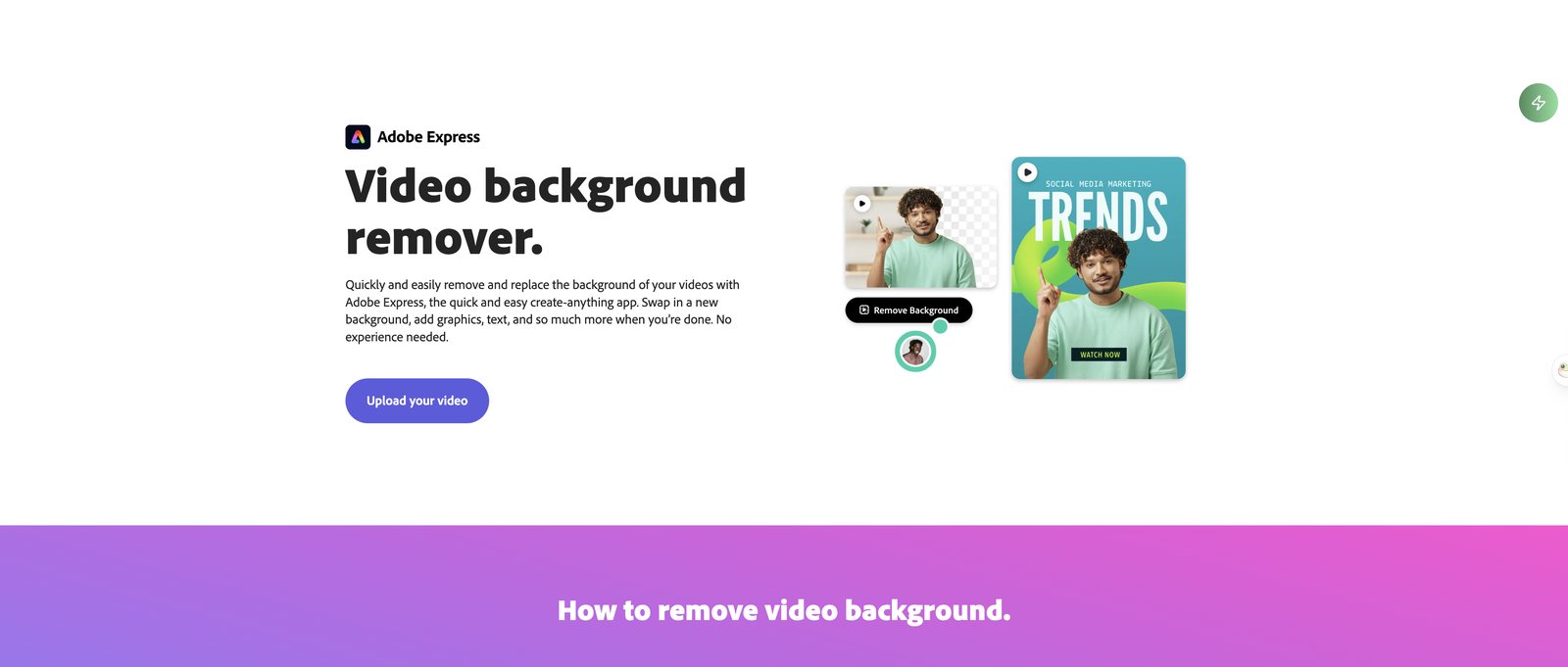 Adobe Express video background remover page with an Upload your video button