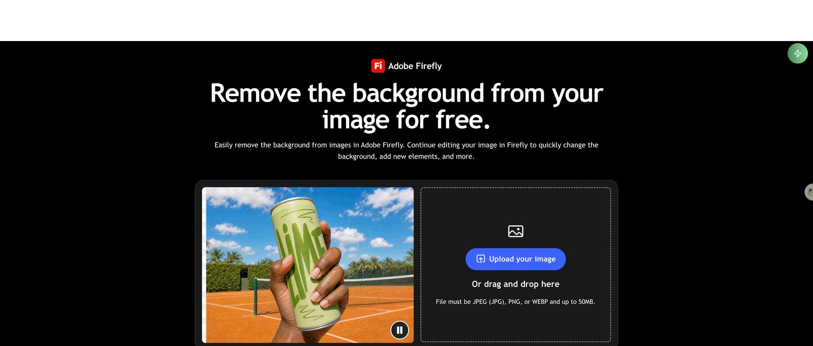 Adobe Firefly page titled Remove the background from your image for free with an upload box for JPG, PNG or WEBP up to 50MB