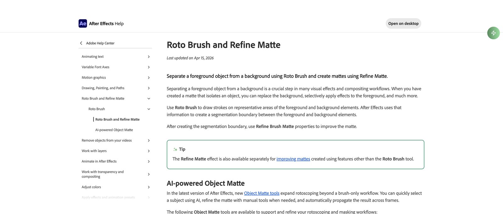 Adobe help page for Roto Brush and Refine Matte in After Effects