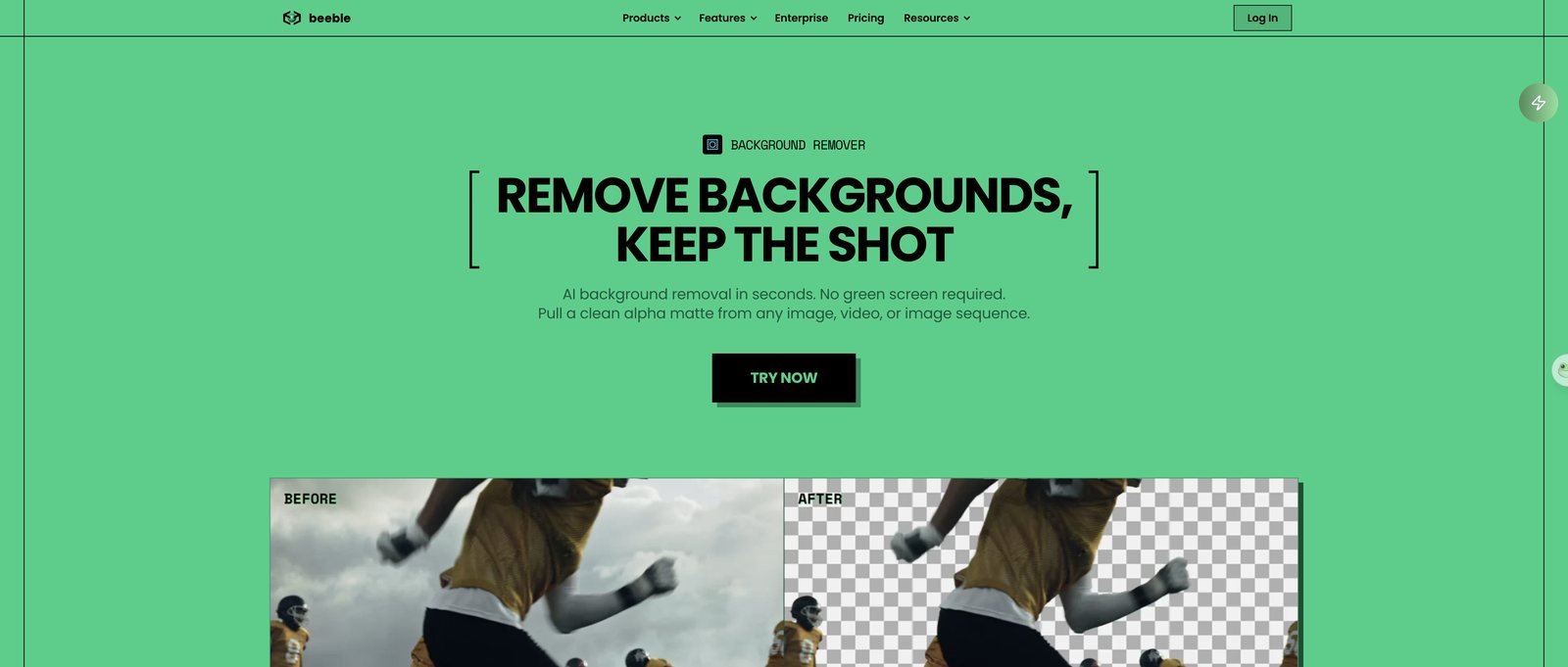 Beeble Background Remover page headlined Remove backgrounds, keep the shot, with a before and after of a basketball player