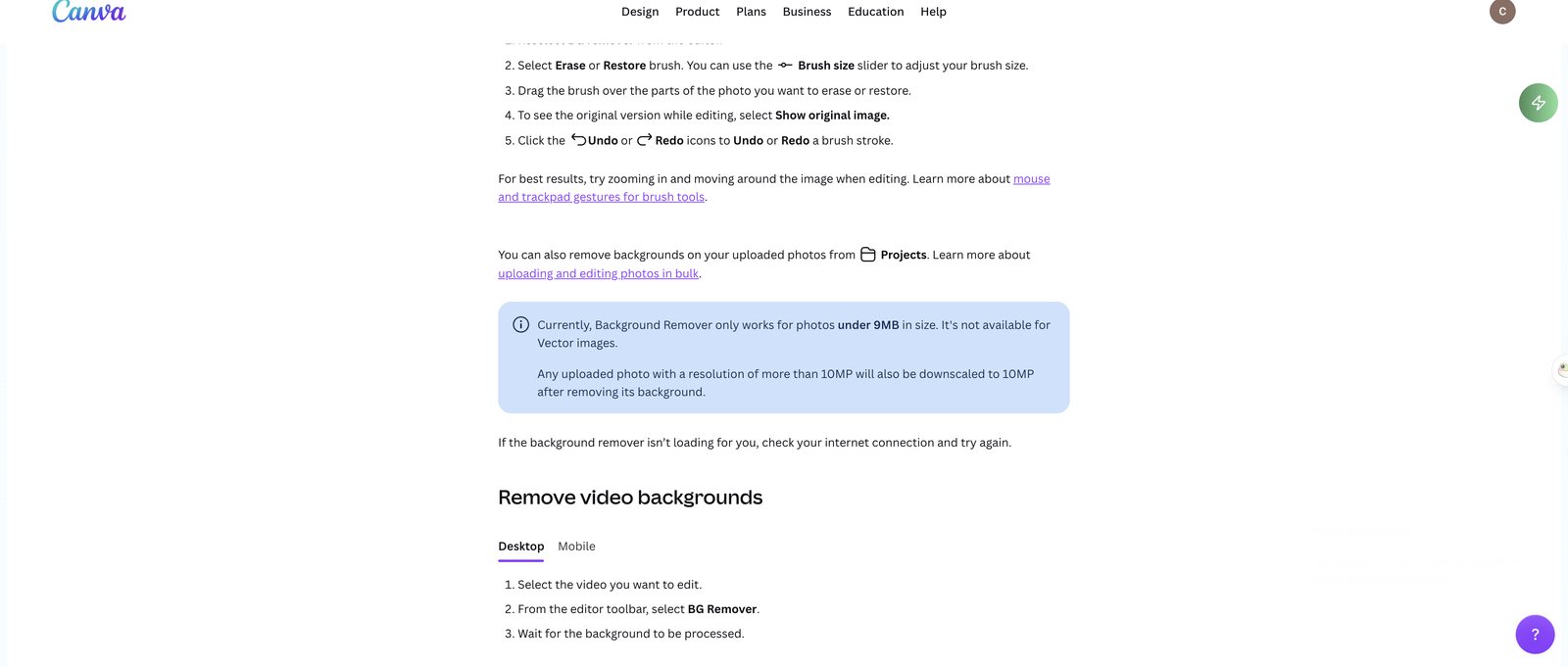 Canva help centre note saying Background Remover only works for photos under 9MB and downscales anything over 10MP to 10MP