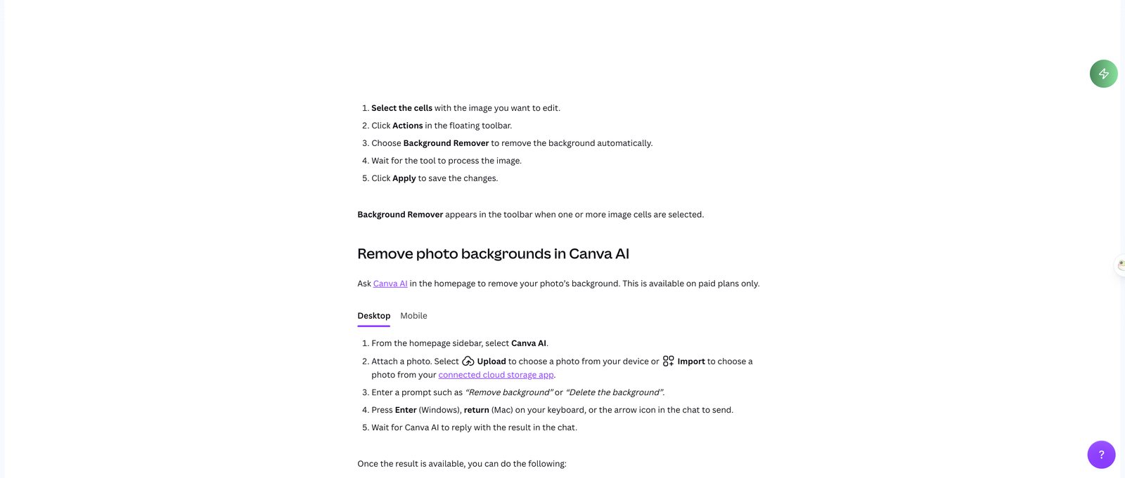 Canva help centre page on removing photo and video backgrounds, noting the feature is available on paid plans only