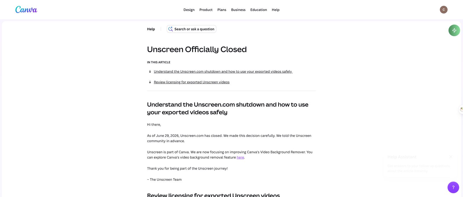 Canva help centre article titled Unscreen Officially Closed, saying Unscreen.com closed as of June 29, 2026