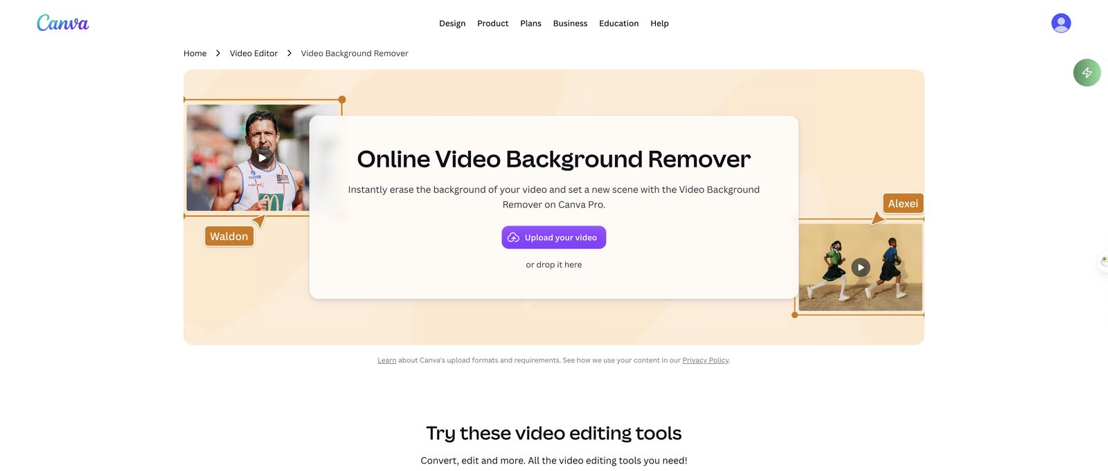Canva Online Video Background Remover page saying you can instantly erase the background of your video on Canva Pro
