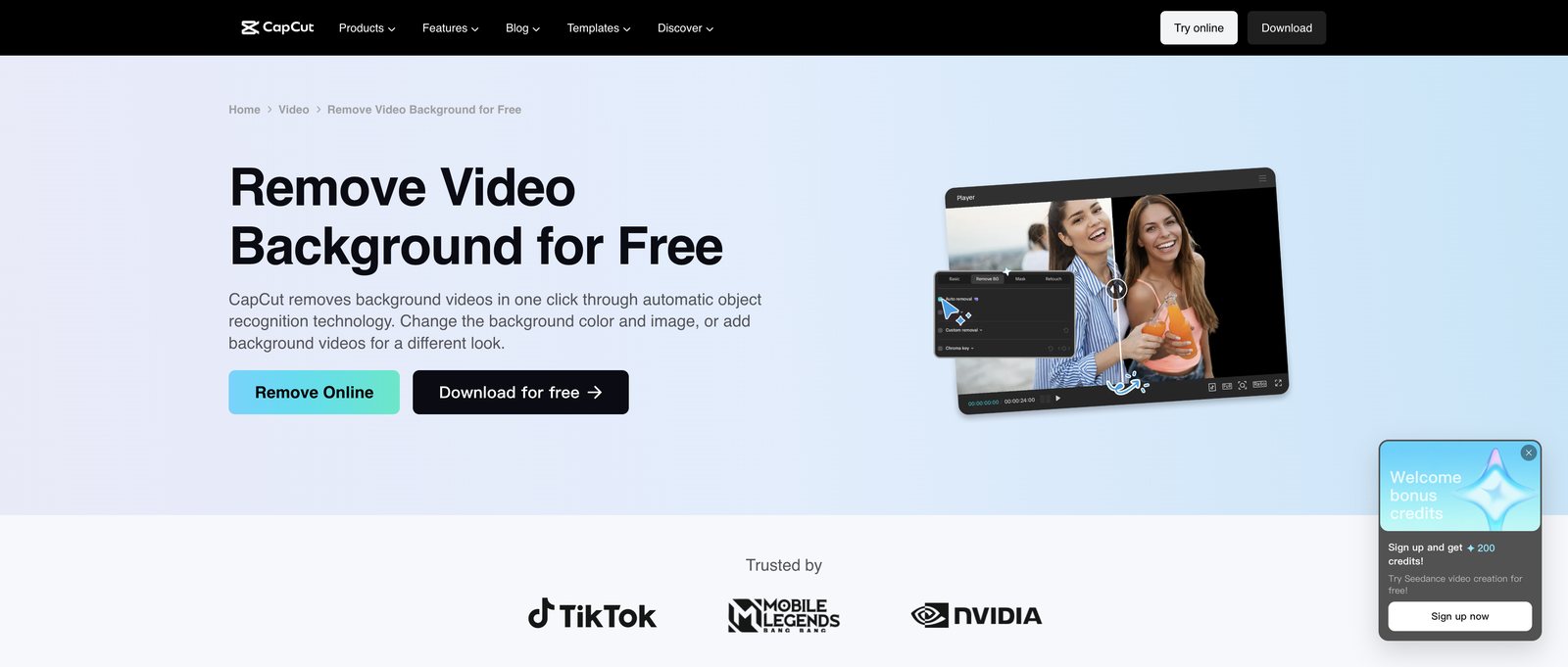 CapCut Remove Video Background for Free page with Remove Online and Download for free buttons