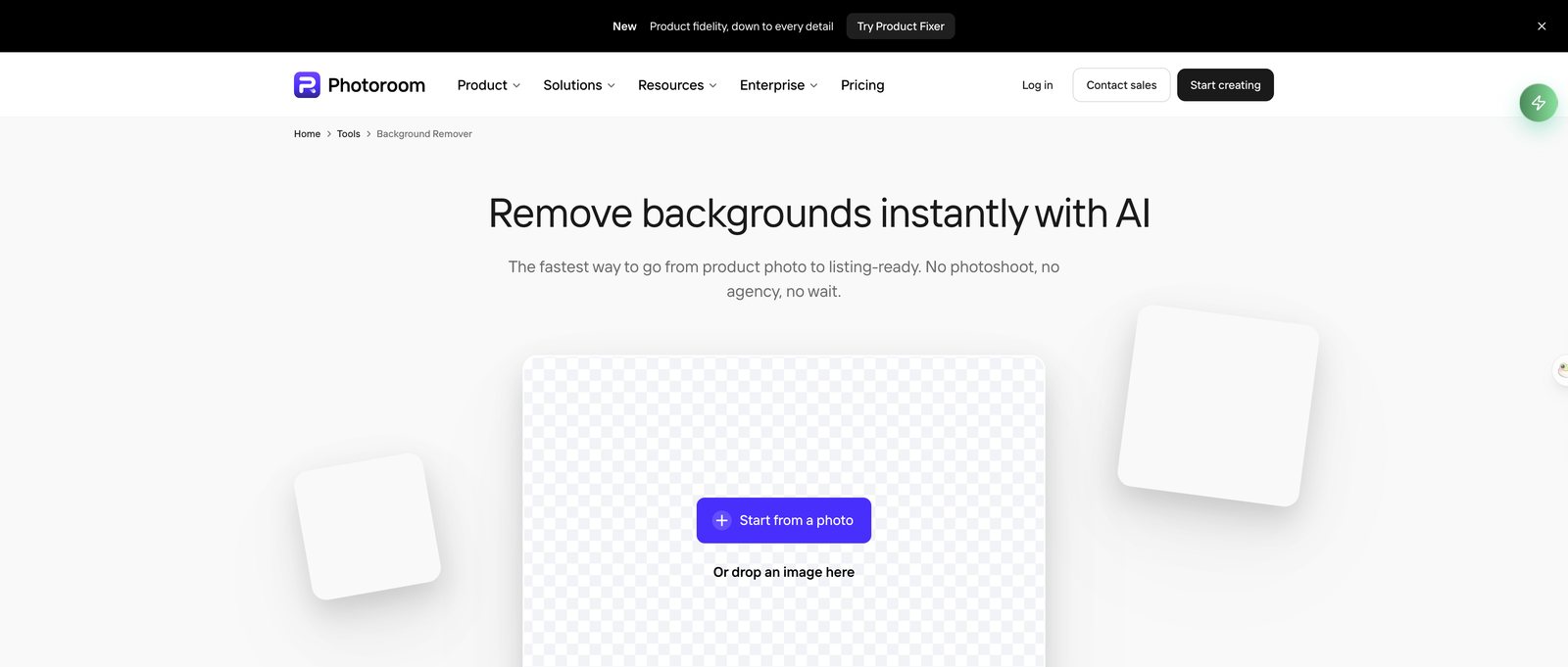 Photoroom background remover page with the headline Remove backgrounds instantly with AI and an upload button
