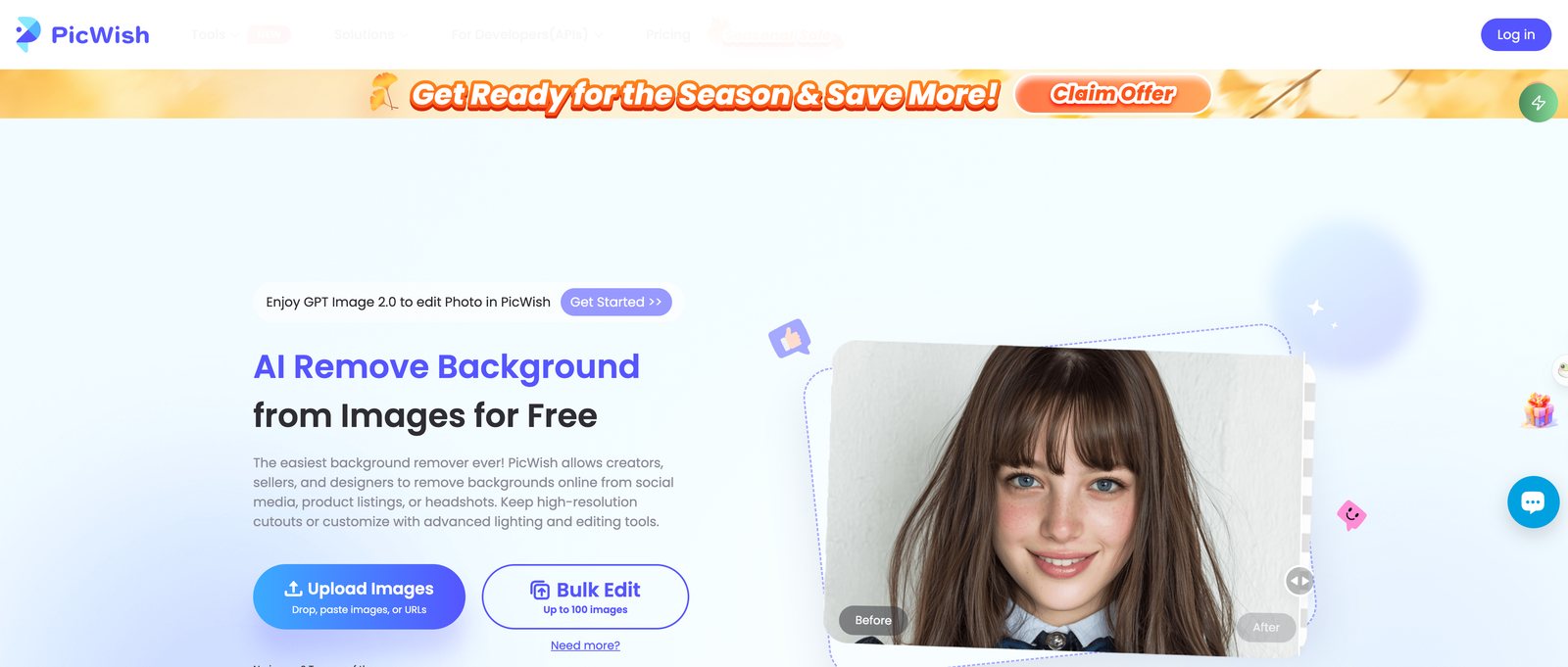 PicWish AI remove background page with Upload Images and Bulk Edit up to 100 images buttons