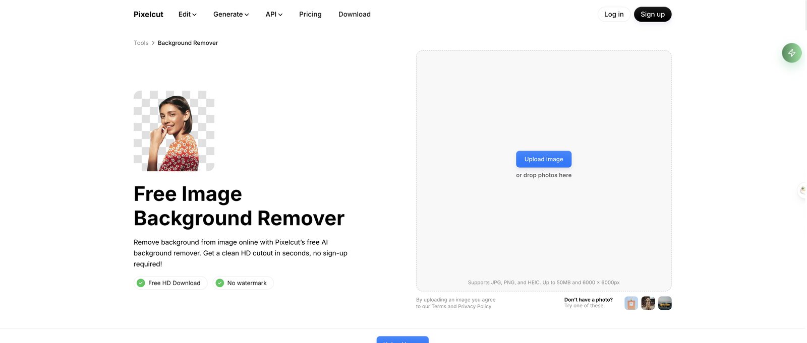 Pixelcut background remover page showing Free HD Download and No watermark under the upload box