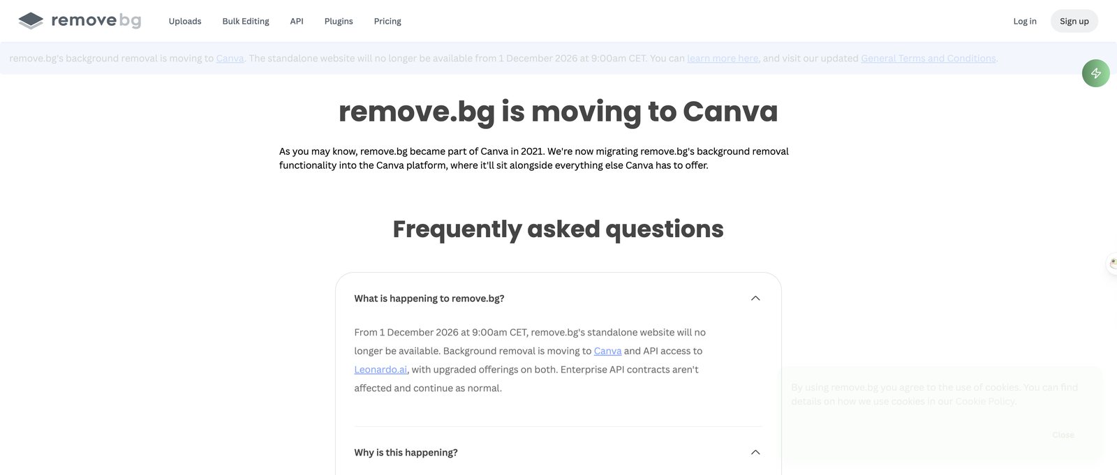 remove.bg FAQ page titled remove.bg is moving to Canva, with the banner saying the standalone website closes on 1 December 2026