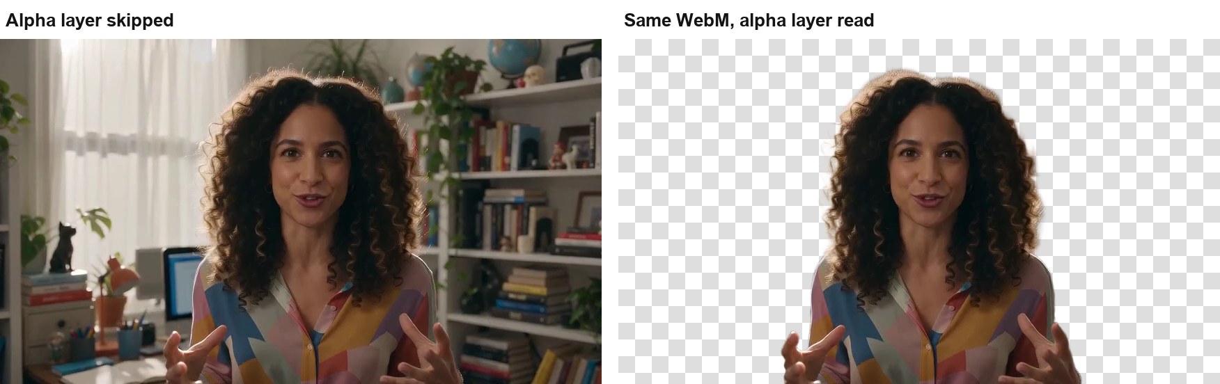 The same transparent WebM decoded twice: with the alpha layer skipped it shows the original room, with the alpha layer read the background is empty