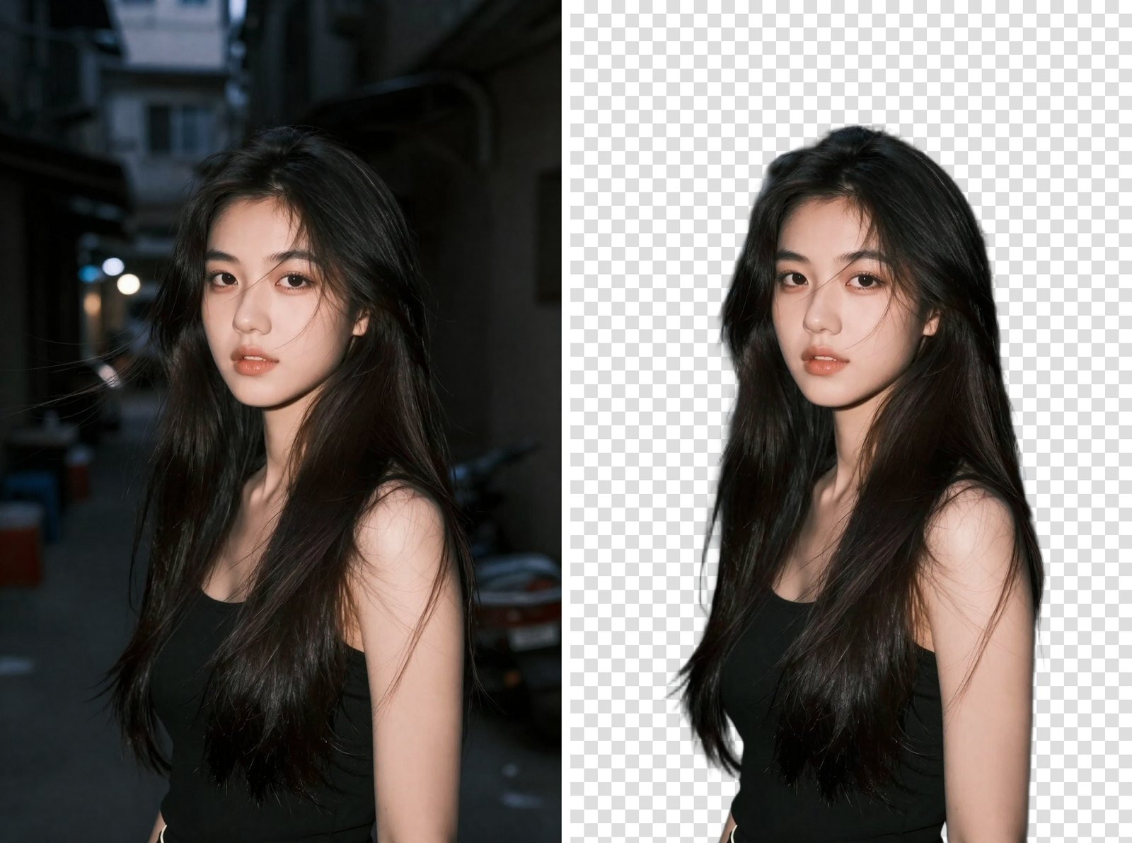 A portrait with long dark hair before and after background removal, the cutout shown on a transparent checkerboard at the original size