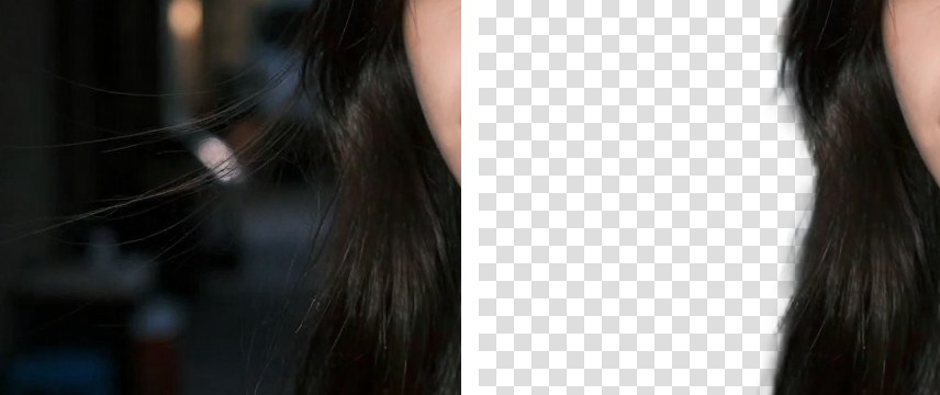 Close-up of stray hair strands against a dark background before and after background removal, where the thinnest strands are lost