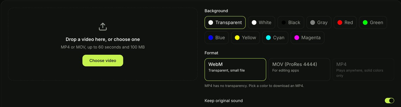 Seadanse video background remover settings with Transparent selected, WebM, MOV ProRes 4444 and MP4 format choices, and Keep original sound switched on