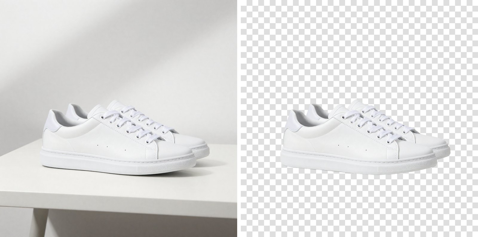 A white sneaker on a white table before and after background removal, cut out cleanly on a transparent background