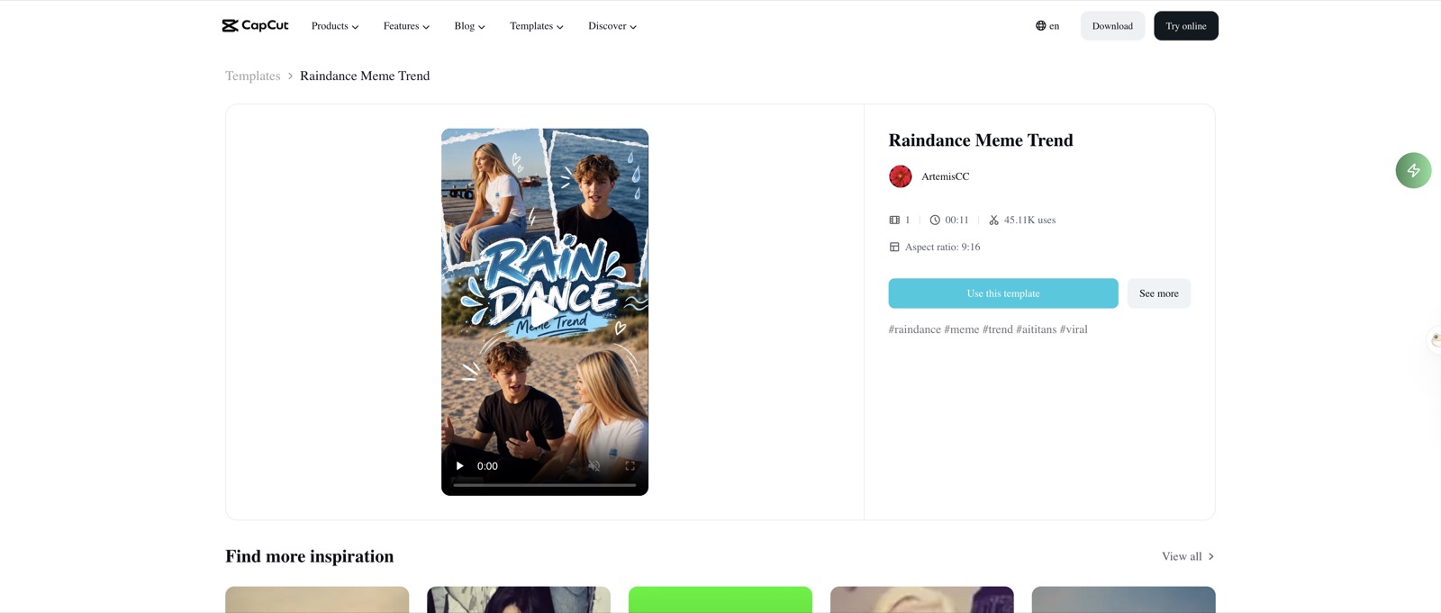 CapCut template page for Raindance Meme Trend showing one photo slot, 00:11 and a 9:16 frame