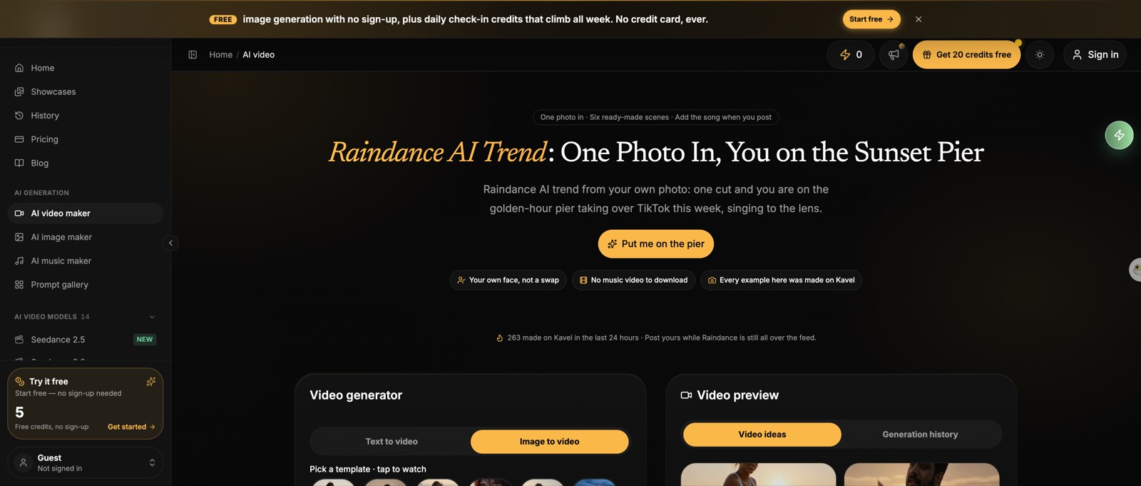 Kavel Raindance AI trend page offering 20 free credits and one photo in