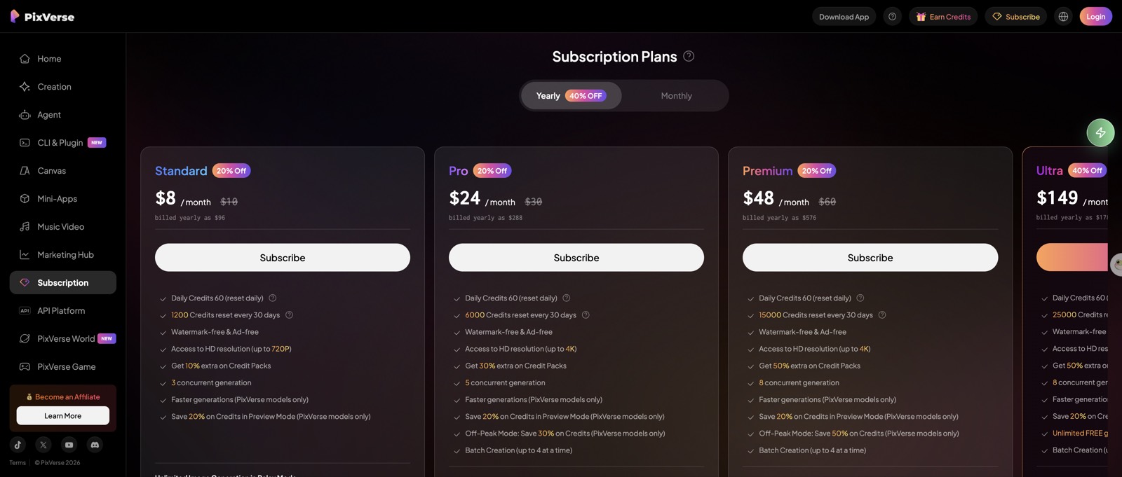 PixVerse pricing page with the Standard plan at $8 a month billed yearly